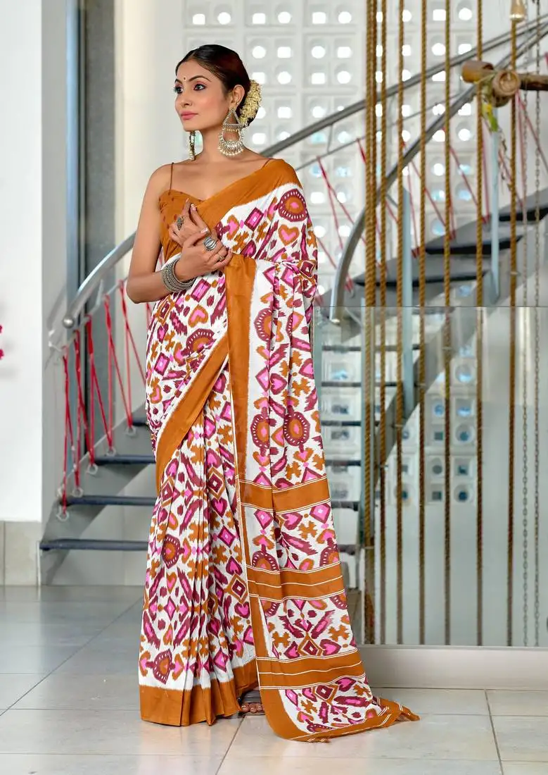 Mustard mulcotton ikat block print saree with unstitched blouse piece