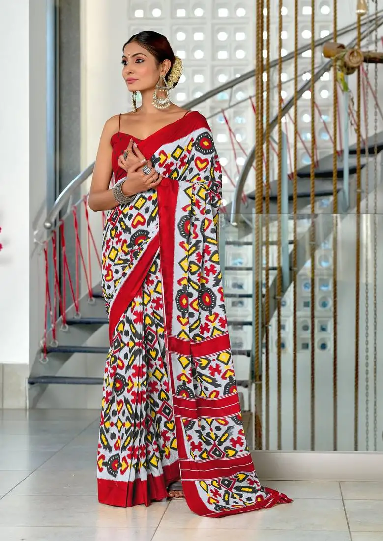 Red mulcotton ikat block print saree with unstitched blouse piece