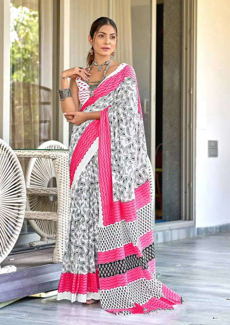 White mulcotton hand print saree with unstitched blouse piece