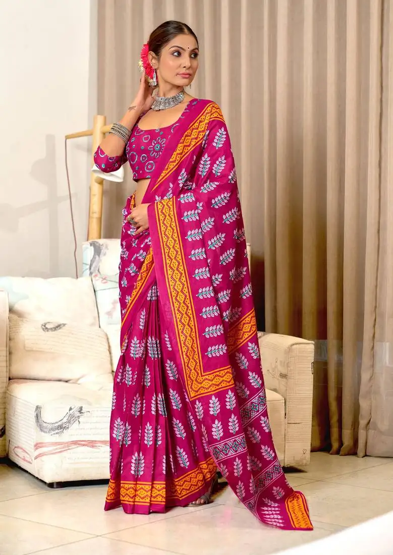 Pink mulcotton hand print saree with unstitched blouse piece