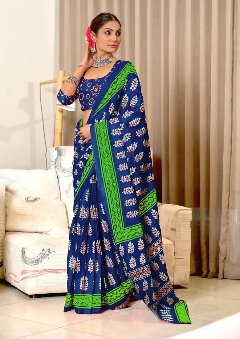 Blue mulcotton hand print saree with unstitched blouse piece