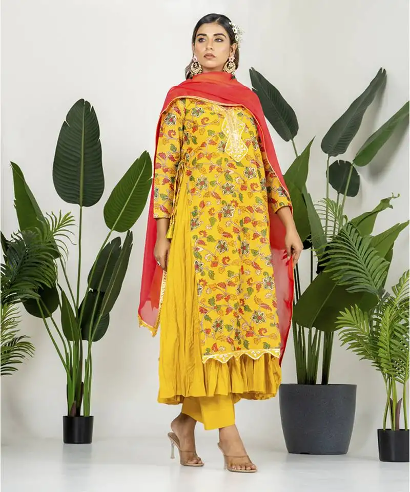 Yellow chanderi digital floral printed kurta set