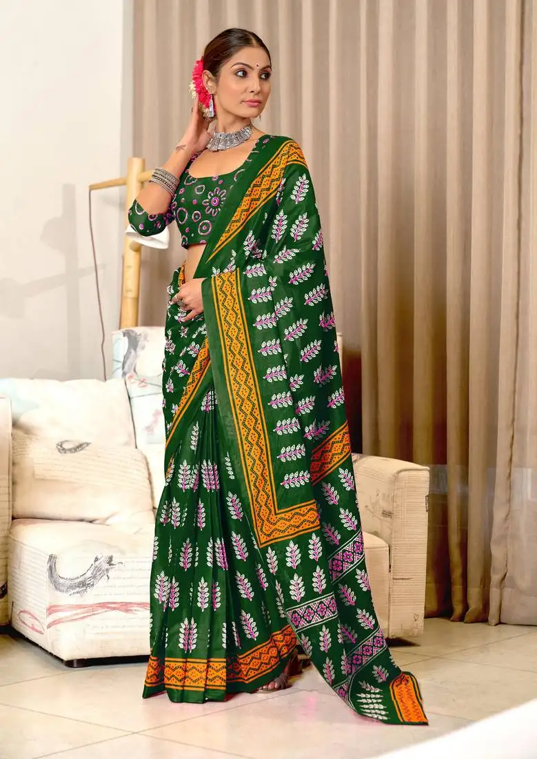 Green mulcotton hand print saree with unstitched blouse piece