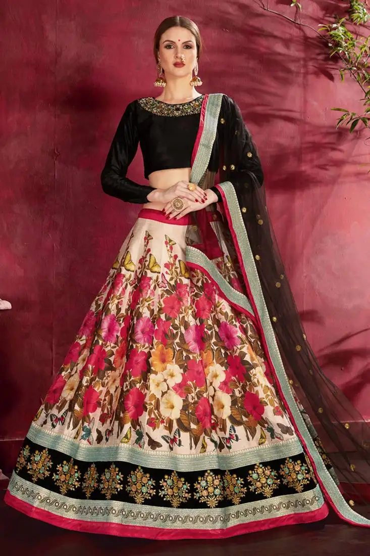 Black print embroidery sequins work velvet lehenga choli