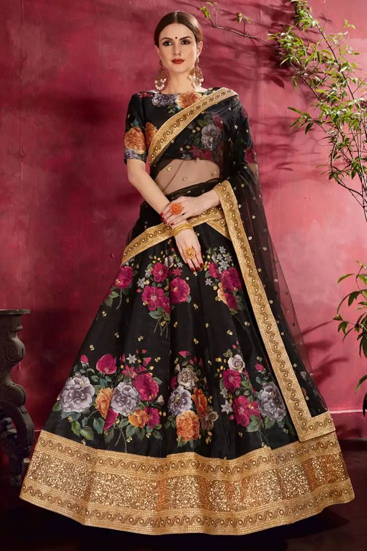 Black print embroidery sequins work art silk lehenga choli