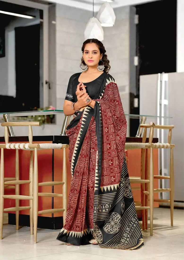 Maroon mulcotton hand print saree with unstitched blouse piece