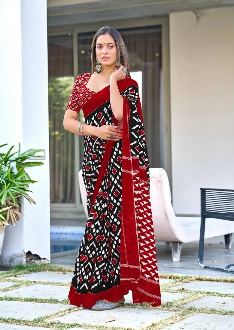 Black mulcotton ikat print saree with unstitched blouse piece