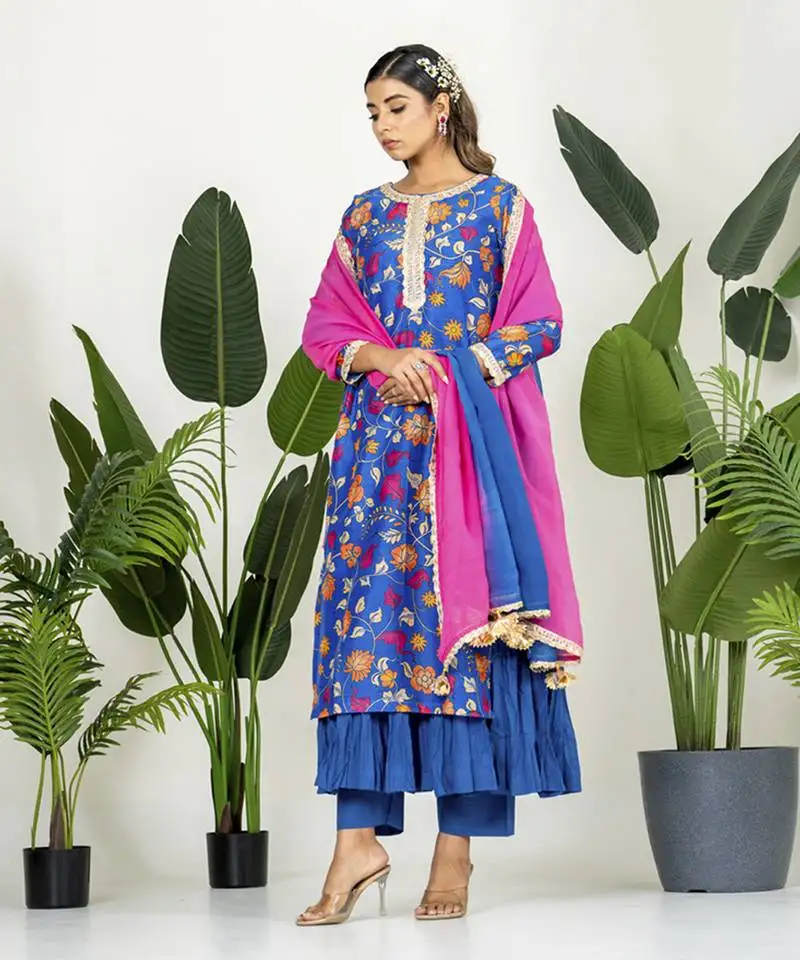 Royal blue chanderi patola digital printed kurta set