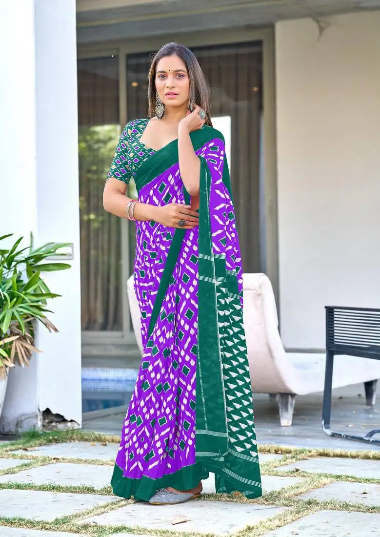 Lavender mulcotton ikat print saree with unstitched blouse piece