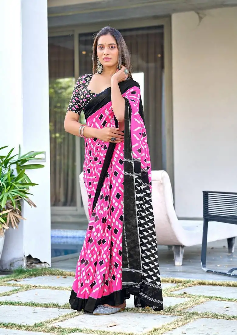 Pink mulcotton ikat print saree with unstitched blouse piece