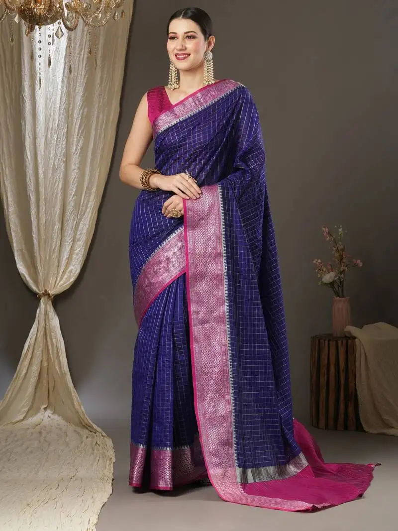 Blue checks design silk blend saree with blouse piece