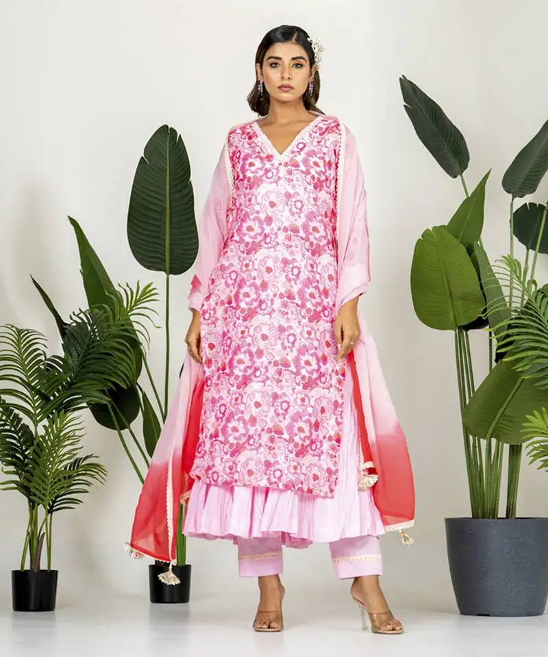 Blush pink chanderi digital floral printed kurta set