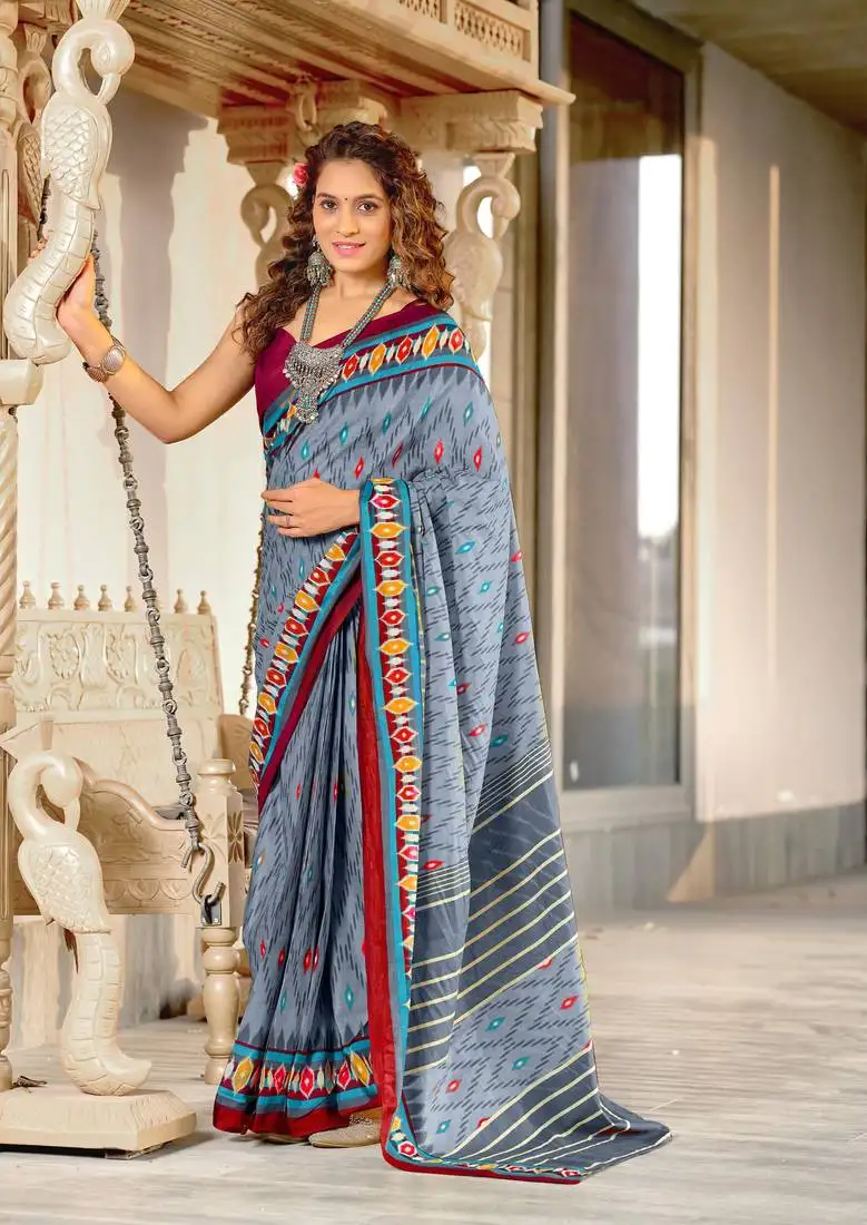Grey mulcotton ikat print saree with unstitched blouse piece