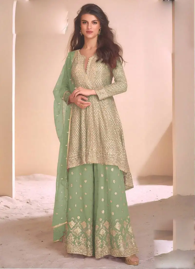 Sea green georgette embroidered designer palazzo suit stitched