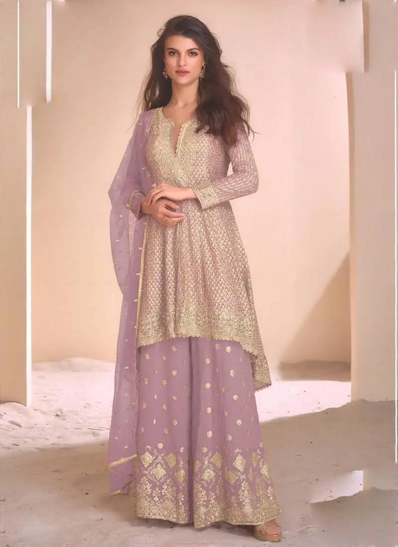 Onion pink georgette embroidered designer palazzo suit stitched