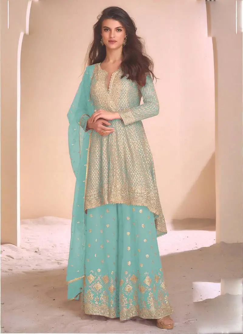 Sky blue georgette embroidered designer palazzo suit stitched