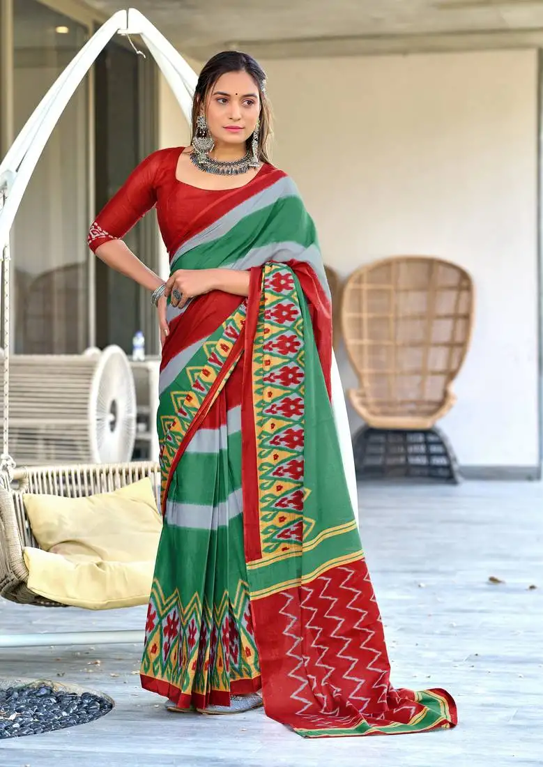 Red mulcotton block print saree with unstitched blouse piece