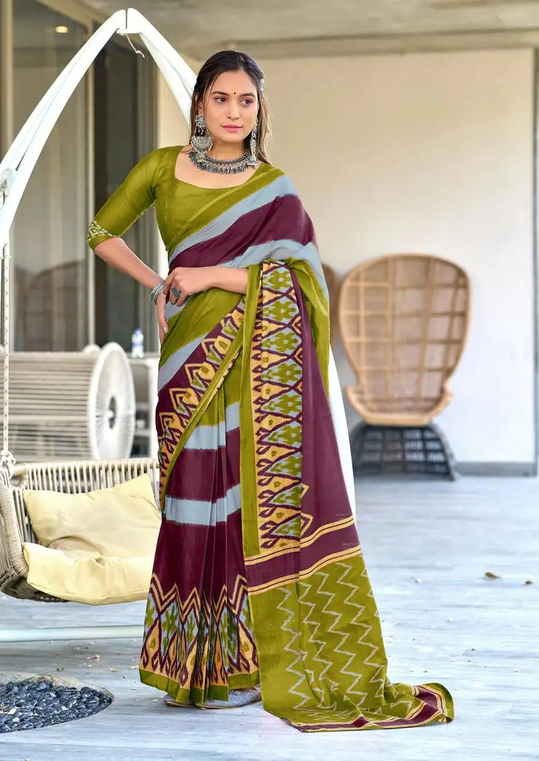 Olive mulcotton block print saree with unstitched blouse piece