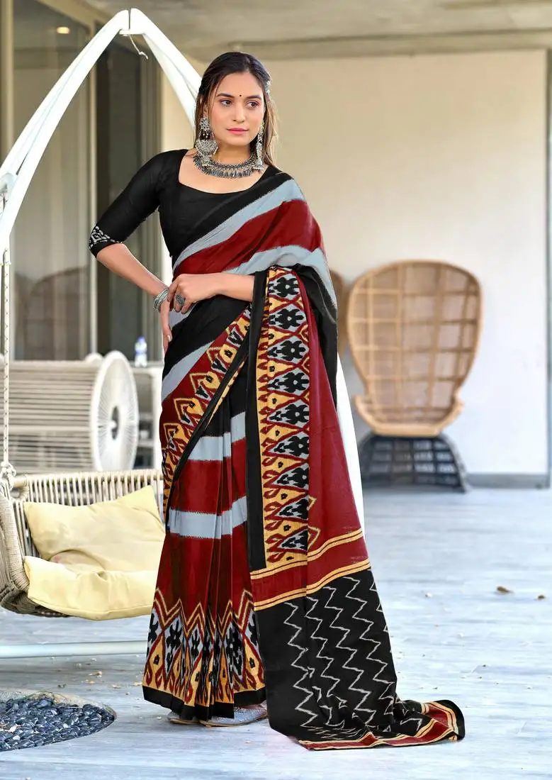 Black mulcotton block print saree with unstitched blouse piece