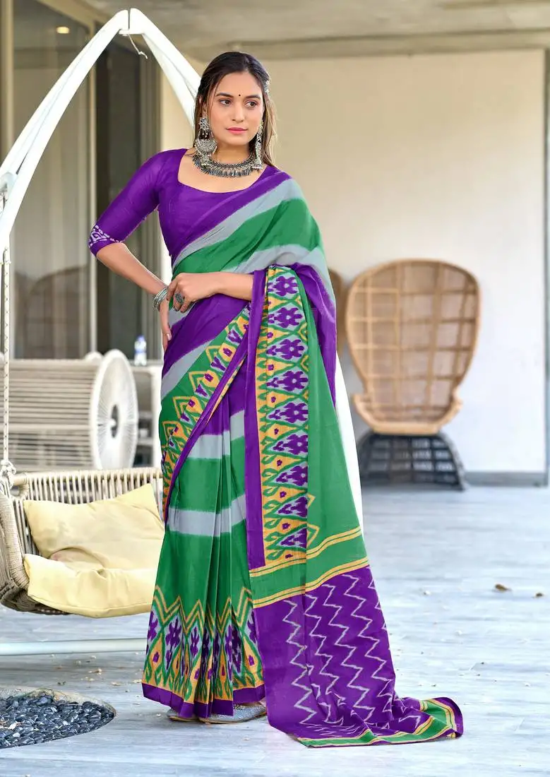 Purple mulcotton block print saree with unstitched blouse piece