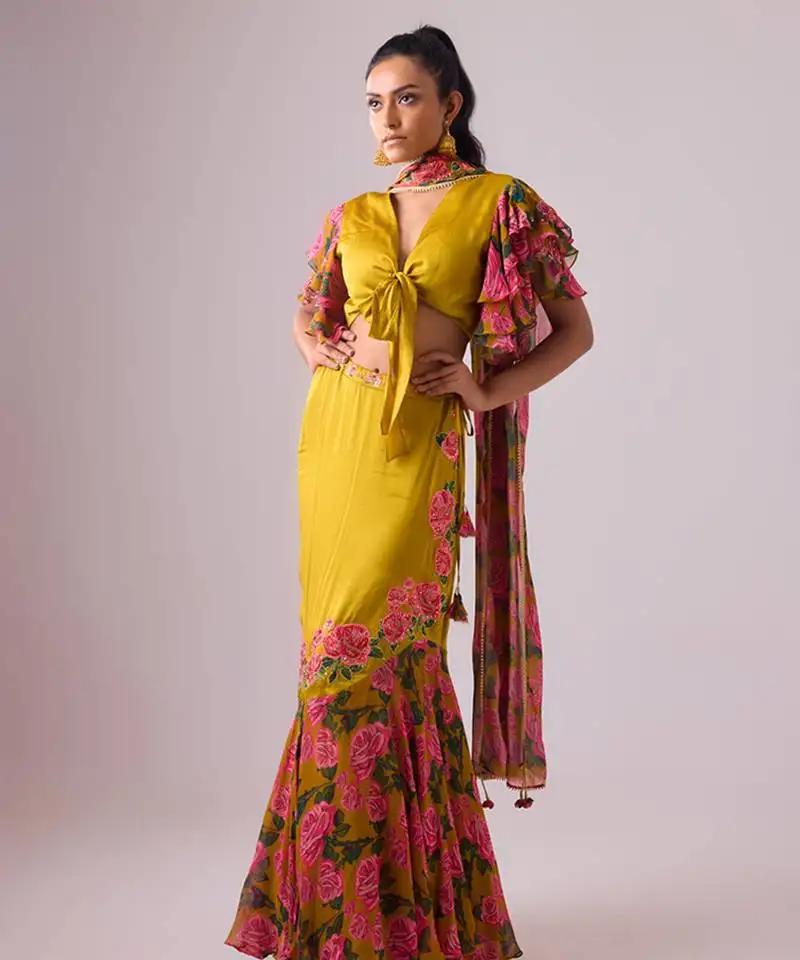 Yellow floral floral printed lehenga with blouse and dupatta