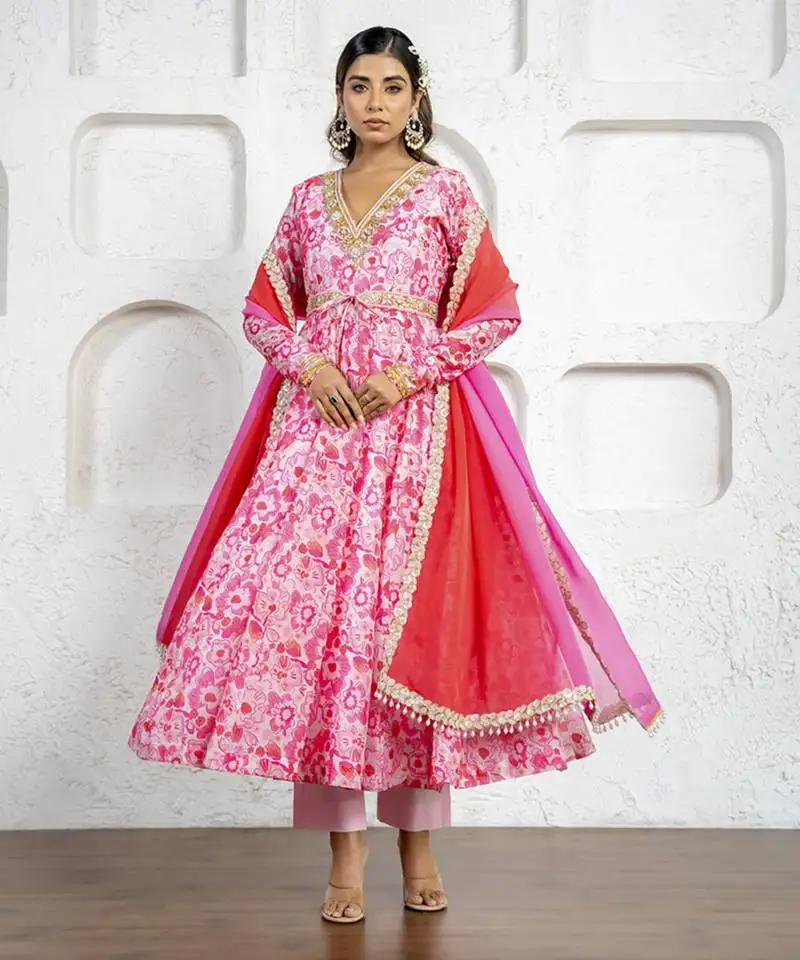 Blush pink floral printed & embroidered anarkali set