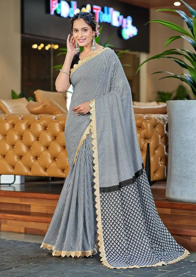 White black mulcotton print lace embroidery saree with unstitched blouse