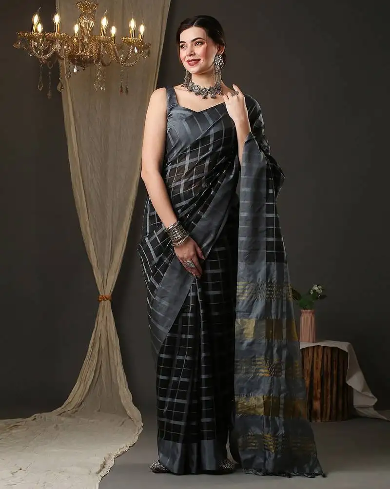 Black and grey silk blend checks style saree with blouse