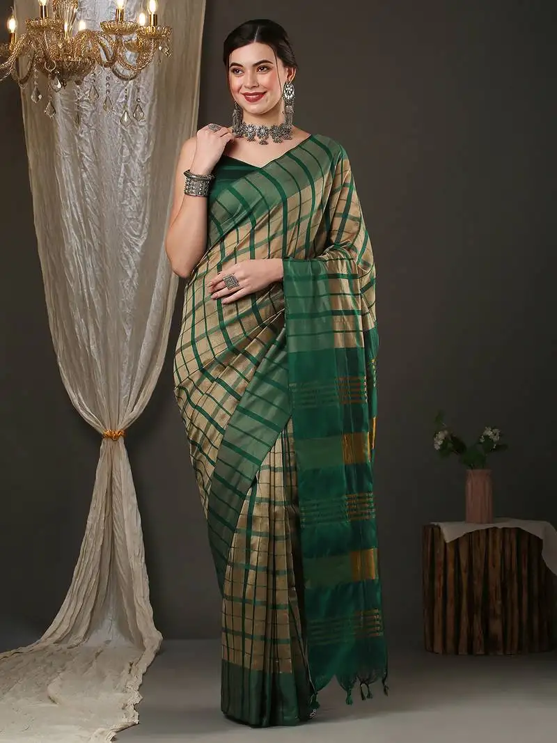 Cream and green silk blend checks style saree with blouse