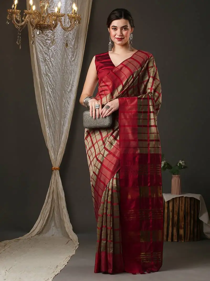 Cream and red silk blend checks style saree with blouse piece