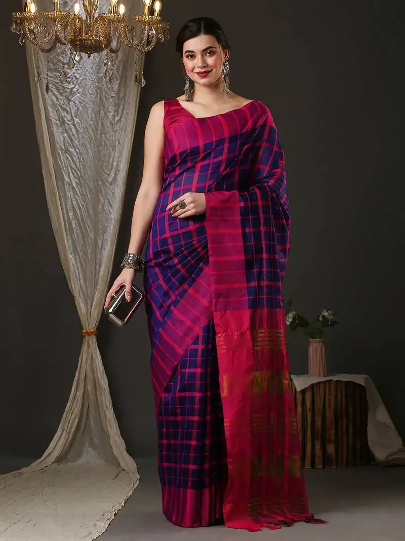 Blue and pink silk blend checks style saree with blouse