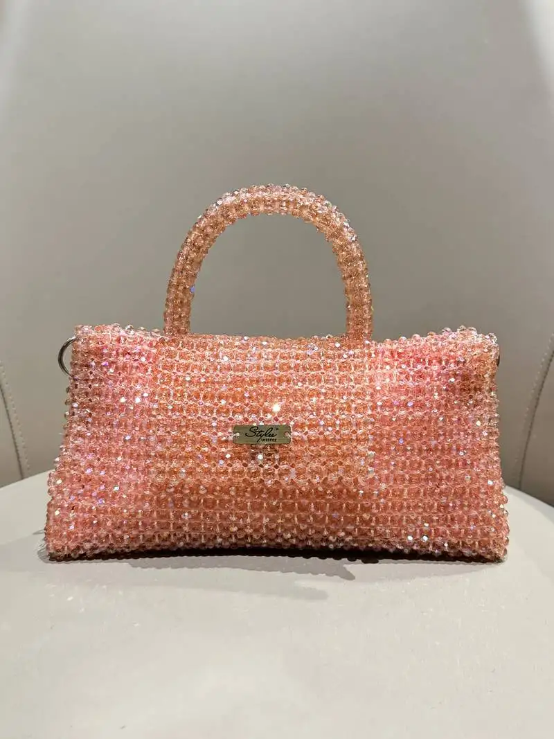 Stylee lifestyle pink real glass crystal embellished handheldbag