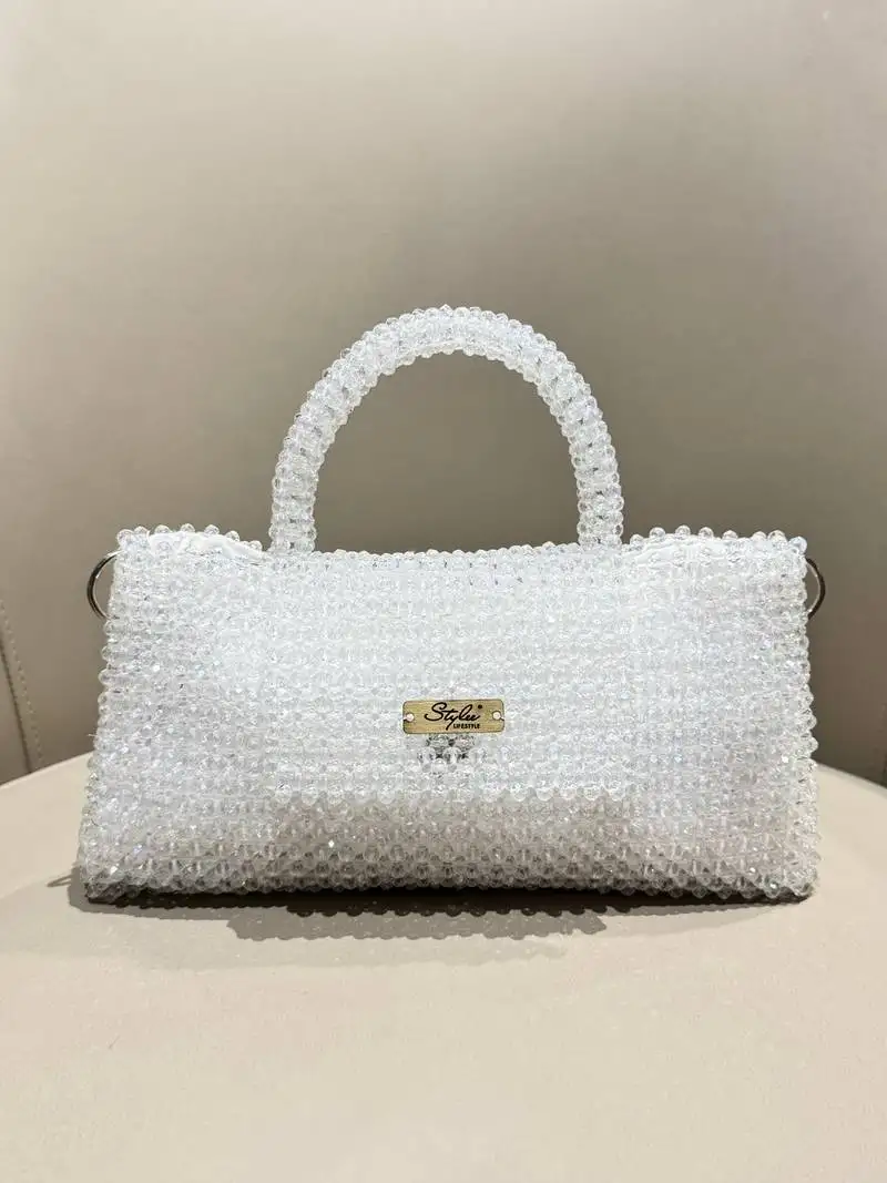 Stylee lifestyle white real glass crystal embellished handheldbag