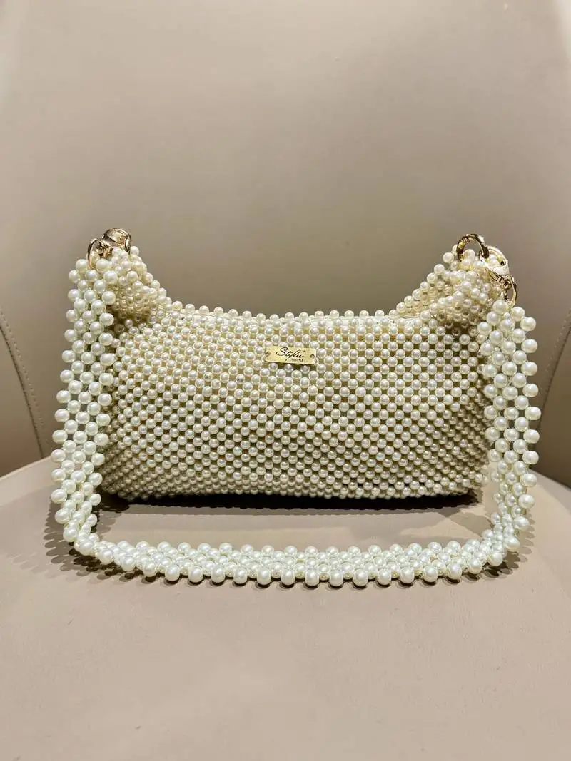 Stylee lifestyle pearl white real glass pearl embellished handheldbag