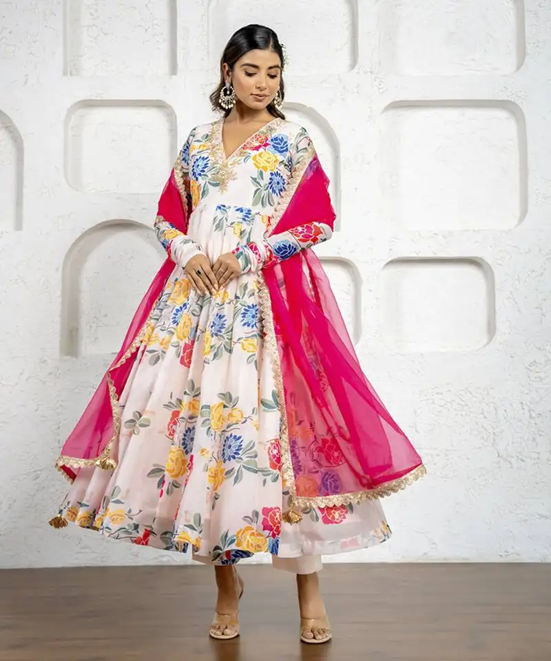 Multi-colored floral printed & embroidered anarkali set