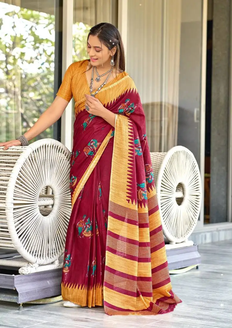 Red mulcotton kalamkari block print saree with unstitched blouse piece