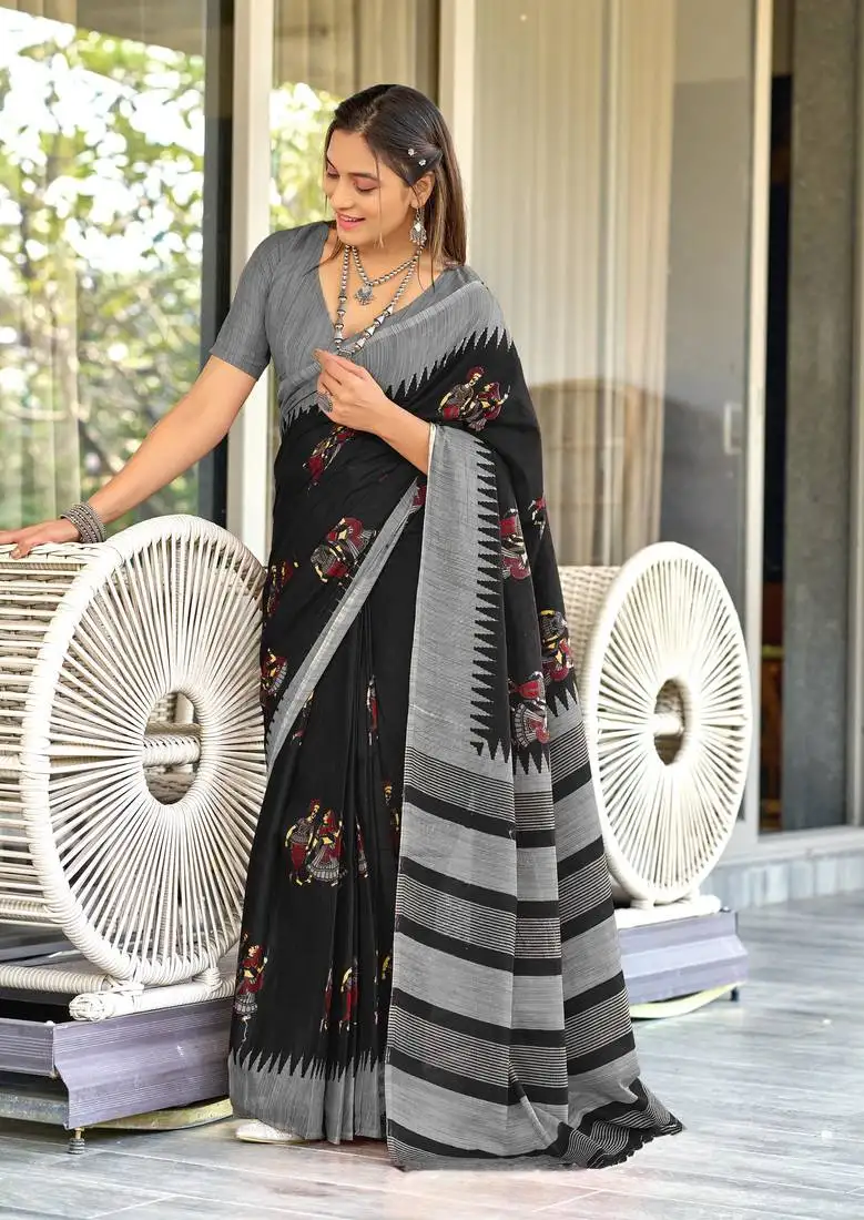 Black mulcotton kalamkari block print saree with unstitched blouse piece