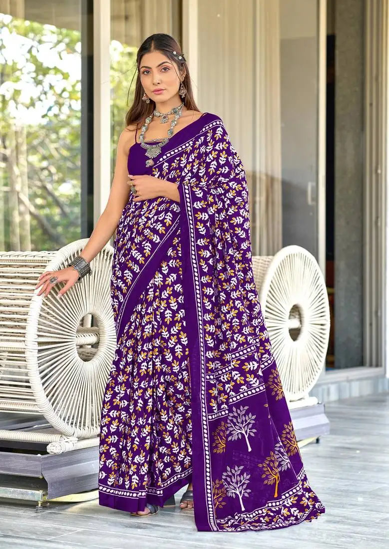Purple mulcotton hand block print saree with unstitched blouse piece