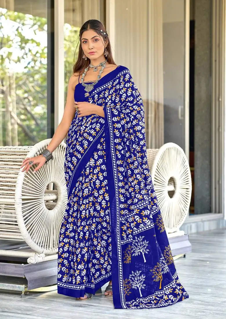 Blue mulcotton hand block print saree with unstitched blouse piece