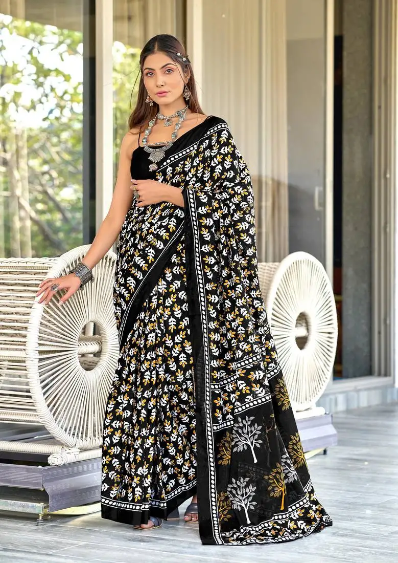 Black mulcotton hand block print saree with unstitched blouse piece