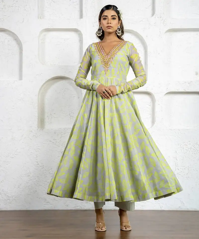 Neon green & grey chanderi floral printed anarkali set