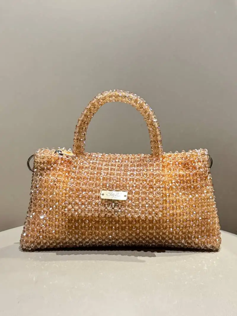 Stylee lifestyle peach real glass crystal embellished handheldbag