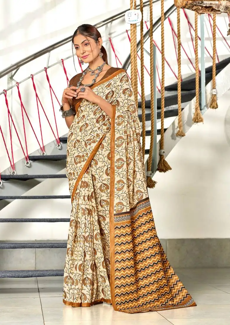 Mustard mulmul cotton hand block printed saree with printed blouse piece