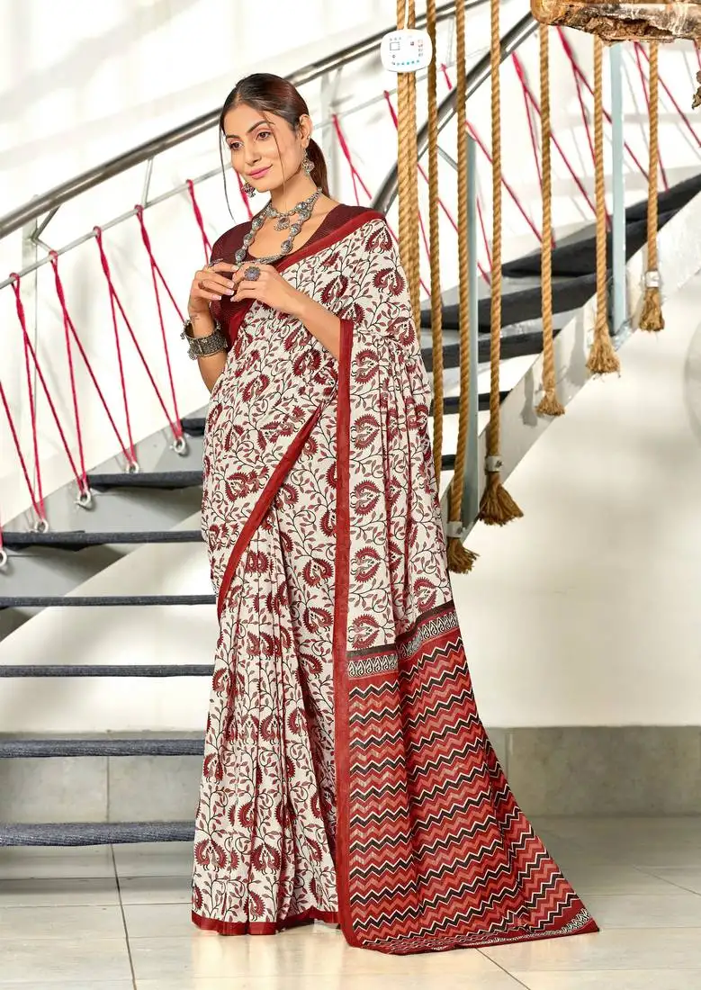 Red mulmul cotton hand block printed saree with printed blouse piece