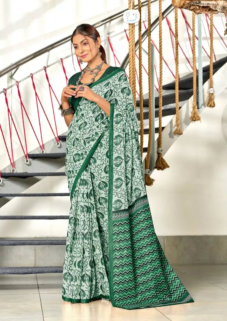 Green mulmul cotton hand block printed saree with printed blouse piece