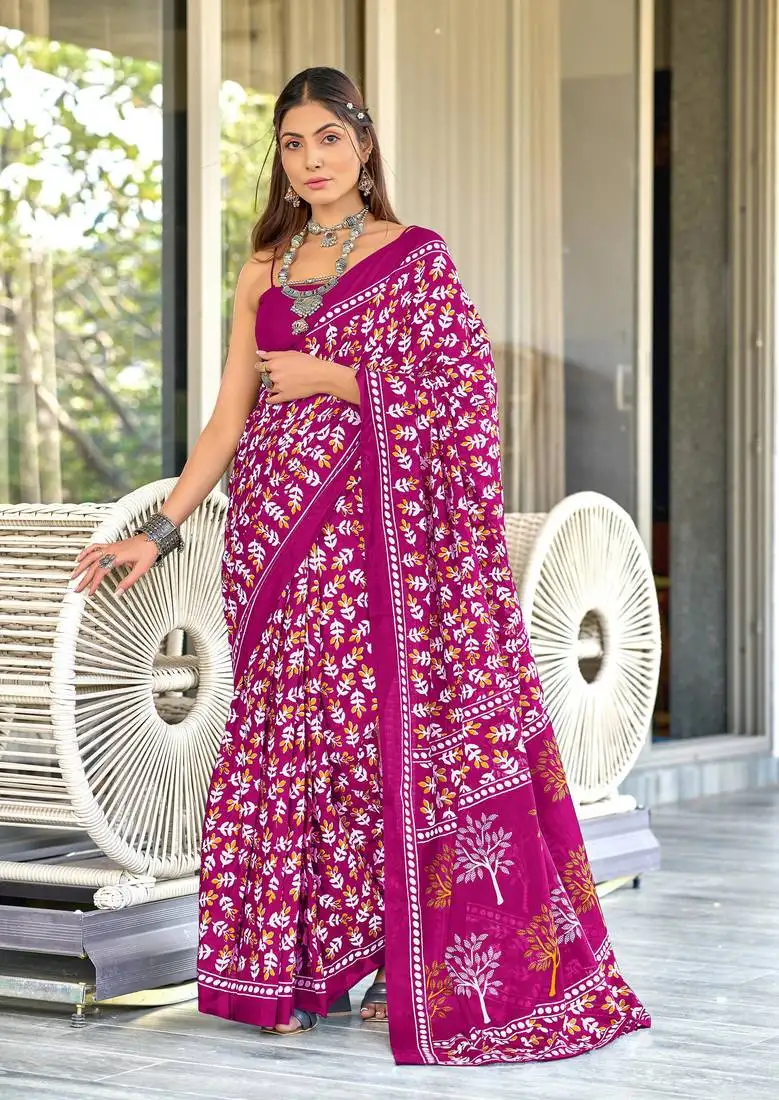Pink mulcotton hand block print saree with unstitched blouse piece