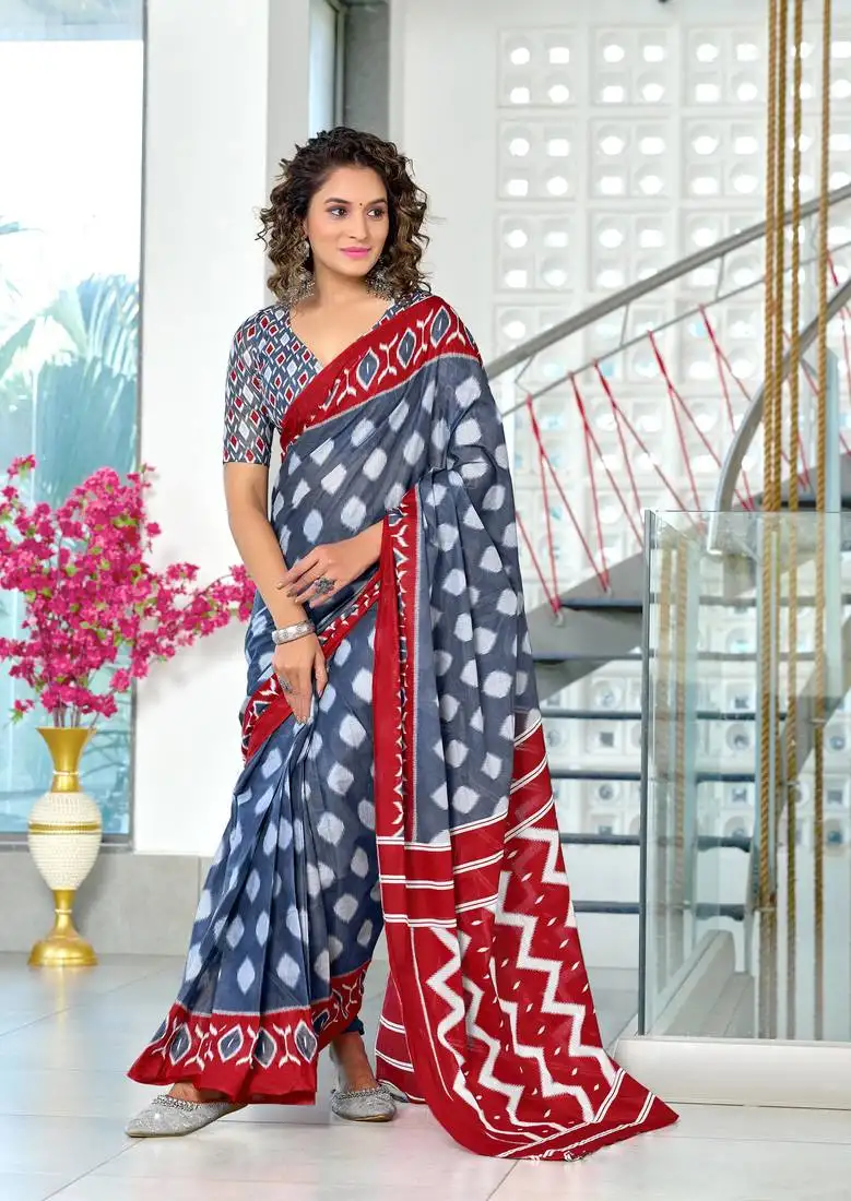 Grey mulmul cotton hand block printed saree with printed blouse piece