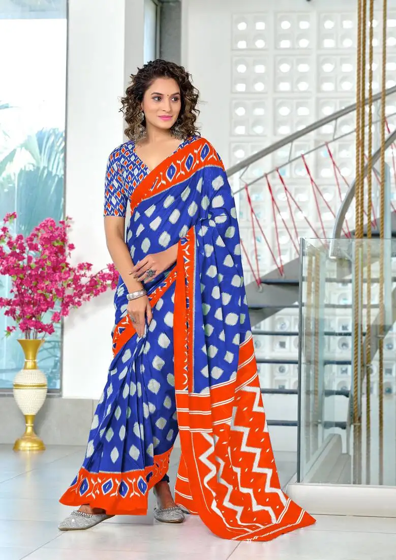 Blue mulmul cotton hand block printed saree with printed blouse piece