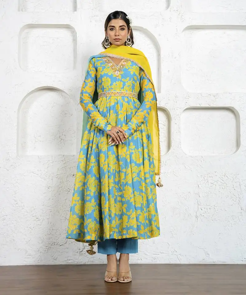 Neon blue & yellow floral printed & embroidered anarkali set