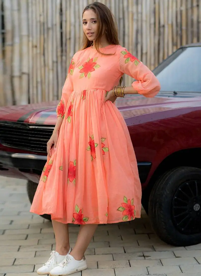 Peach digital print silk kurti